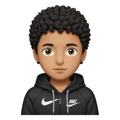 Pakistani brown skinned boy with black curly short hair and brown eyes. Black nike hoodie sticker