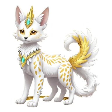 Epic complex fantasy glorious detailed futuristic divine godly angelic feathery sunny, white, albino, pastel, golden, orange glowing sparkly, realistic Fakémon-Sprigatito-Floragato-Meowscarada-Trico-Sergal-Serval-Solgaleo-Vernid-creature (full body) solarpunk, shiny sparkly with a gold laurel sticker