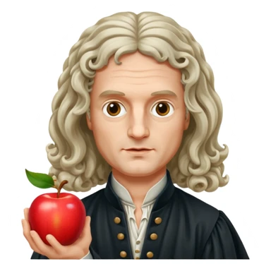 Isaac Newton wearing 17th-century aristocratic attire with long curled periwig, hold an apple sticker