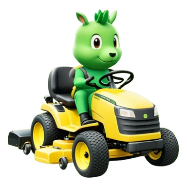 Lawn mowing mascot named grassy gus a green guy (not a human) on a completely yellow zero-turn ride on mower sticker