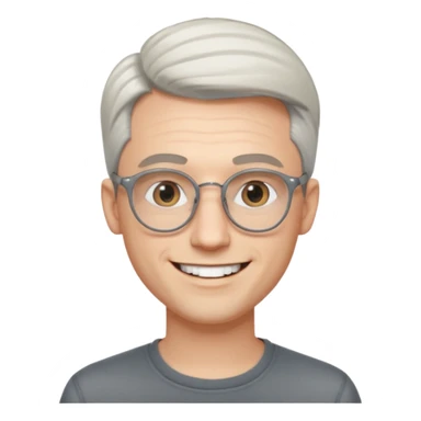 30 yr old pale white man, white/grey side swept stylish hair, round glasses, big smile, white teeth, handsome, longer hair, thin glasses,  smooth forehead, open collar, trendy sticker