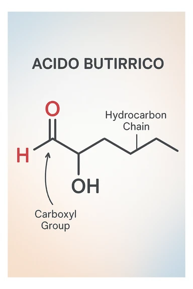 the acido butirrico molecule floats in the center, with animated arrows or labels pointing to the carboxyl group and the hydrocarbon chain. The background is a soft gradient, and the overall style is clean, professional, and suitable for educational materials. sticker