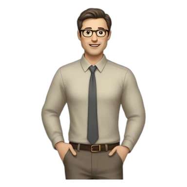 Full height Actively gesturing with hands Pale skinned fit man with dark brown hair in gray jacket, beige office shirt, brown tie, brown pants and vintage glasses. sticker