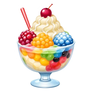 Taiwanese shaved ice dessert with boba, fruit, and condensed milk sticker