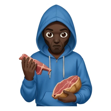 MF DOOM in a blue hoodie holding a piece of meat sticker