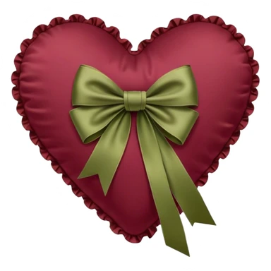 Burgundy heart shaped pillow with ruffles and olive color bow sticker