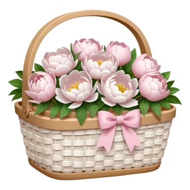 White Picnic basket with light pink bow and white peonies inside sticker