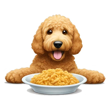 Golden doodle eating his food sticker
