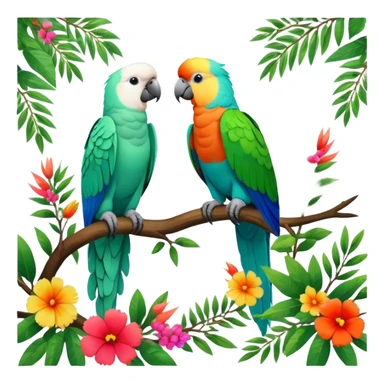 Close-up collage of vibrant Ara parrots and Inca cockatoos sitting on tree branches, surrounded by lush greenery. Bright colors of the birds stand out against a natural, sunny background of trees and flowers. Transparent background. sticker
