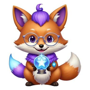 A small magical fox with shimmering purple and blue fur, a glowing fluffy tail, a silver star on its forehead, and round glasses, holding a tiny magical lantern, laughing with tears of joy in its eyes. 🦊😂 sticker