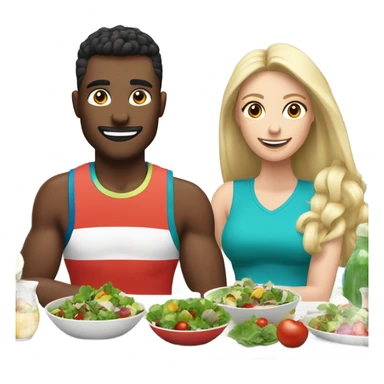 emoji Sporty white couple, man and woman in sportswear, sitting at Christmas festive dinner table only salads. behind them is a Christmas tree sticker