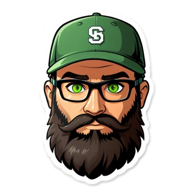 A man with a grey baseball cap, green eyes, big dark brown beard and glasses, gamers headset sticker