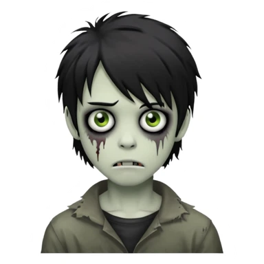 creepy boy zombie, black shaggy emo hair, medium long, dark and spooky look sticker
