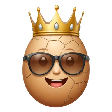 a funny, proud cartoon-style egg character wearing sunglasses and a small broken crown, solid orange background. sticker