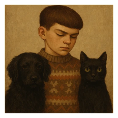A kid with a chiseled jawline, brown eyes, and flat brown hair facing down, wearing a vintage sweater, standing with a black dog with wavy hair and black eyes, and a black cat with straight hair and green eyes sticker