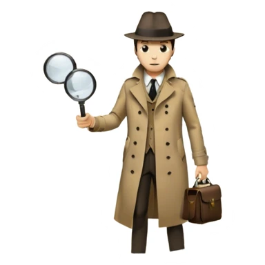 Icon for Detective Movies: A vintage movie poster-style design with a mysterious silhouette of a detective in a trench coat and fedora, holding a magnifying glass. Add dark alleys, shadows, and crime scene elements. Retro typography with cinematic flair. Transparent background. sticker