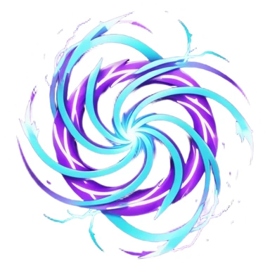 futuristic minimalistic logo icon, abstract glowing storm swirl made of neon purple (#8B5CF6) and cyan (#00E0FF) lines, representing Storm team energy and speed, digital lightning core, dark background, no face, tech-style emblem, 1:1 aspect ratio sticker