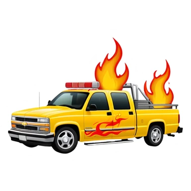 1997 yellow Chevy C-2500 Crew Cab with intricate airbrushed red flame design spreading across front, realistic flame artwork like in Kill Bill movie, 30-degree view, iOS emoji style sticker
