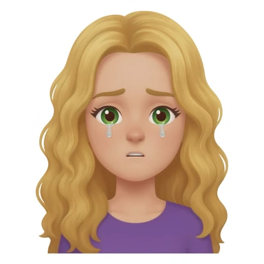 lady with long wavy blonde hair, purple top, green eyes, sneezing with tearful eyes sticker