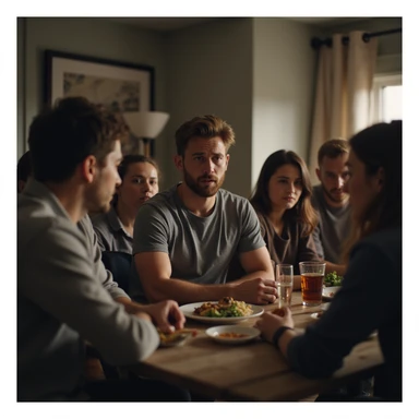 Man complaining dramatically in front of a group of friends, looking at them to see if they are listening, friends exchanging bored or annoyed glances, domestic environment, hyperrealistic 4K details sticker