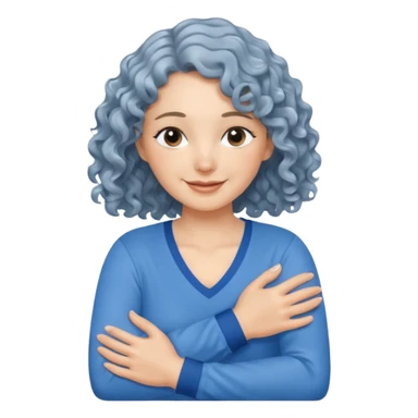 silver, wavy/curly hair chin-length lady giving hug with 2 arms, blue v-neck and smiling sticker