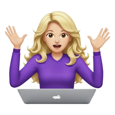 lady with long blonde wavy hair, purple top throwing her with a laptop hands in the air screaming sticker