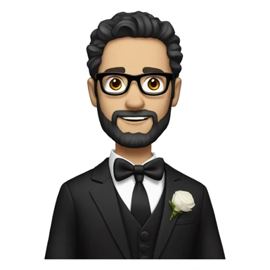 Groom with dark wavy hair and beard and metal glasses pale skin and black tux sticker