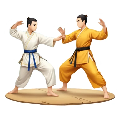 Two martial artists in traditional Wushu attire, performing elegant, fluid moves. The background shows a peaceful, scenic landscape with mountains and bamboo trees, symbolizing the balance of power and grace in Wushu.  sticker