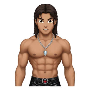 Vampire Hunter with long dark brown hair, black sequin baggy pants, shirtless with necklace sticker