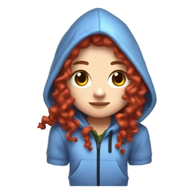a white girl with long red curly hair, wearing periwinkle Minecraft hoodie playing a videogame sticker