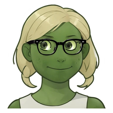A blonde gril whit glasses and a nerdy face sticker