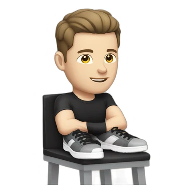 Pale skinned Fit Man With the biceps and dark brown hair in black shirt, gray sports shorts and white Sneakers Sitting on a chair sticker