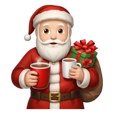 Санта клаус с мешком подарков за спиной и кружкой какао в руке sticker