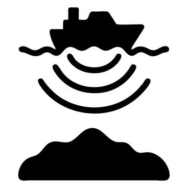 Hydroacoustic map showing radio waves from a ship on the water surface scanning down to the seabed sticker