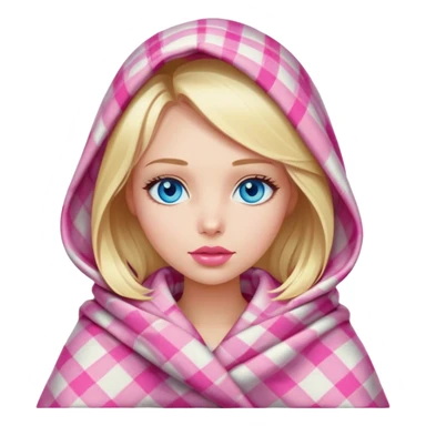 A beautiful blonde girl , blue eyes, pink lips is wrapped in a plaid with her head sticker