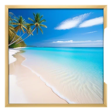 Cinematic Realistic Pristine Crystal-Clear Water Beach Emoji in a wooden frame, Sunny and radiant, with soft golden sand stretching endlessly, gently lapping waves of crystal-clear turquoise water washing onto the shore. The water is so transparent it reveals the shimmering seabed below, creating an idyllic, pristine setting. Above, the sky is a vivid blue, with a few gentle wisps of clouds. Palm trees sway gracefully in the warm breeze, their reflections mirrored in the water. Soft glowing outline, capturing the essence of a peaceful, serene beach paradise where every element gleams with natural beauty. sticker