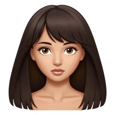 victoria's secret model, very long straight dark brown hair parted in the middle with bangs, almond-shaped brown eyes, brown eyebrows, oval face sticker