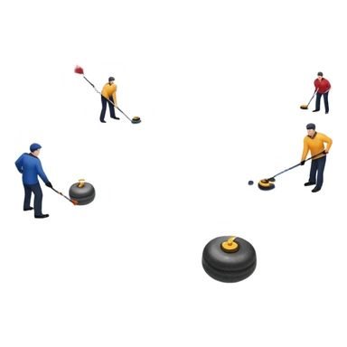 An icon showing a curling match on an indoor ice stadium, with a polished curling stone gliding toward the target and players sweeping. Spectators watch from stands, and flags hang above the rink. Transparent background highlights strategy and focus in the sport of curling. sticker