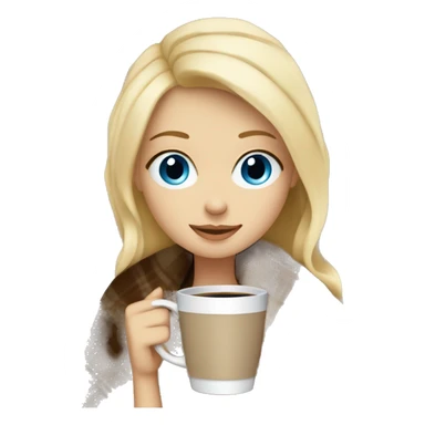 Blonde hair blue eyes girl wrapped in cozy blanket with coffee sticker
