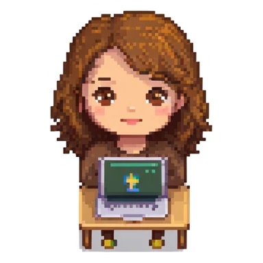 pixel art emoji of a girl with a laptop, brown hair, brown eyes, light skin sticker