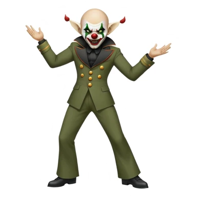 evil clown, bald, small black satan horns on forehead, fangs, pointed ears, black and military green leisure suit with bellbottom pants, realistically proportioned, less bulky, full body, battle-ready fighting posture sticker