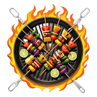Grilled dishes avatar in bright emoji-style illustration. Skewers, BBQ, and grilled vegetables, warm fire tones, simple shapes, flat design, high contrast, tasty and inviting. sticker