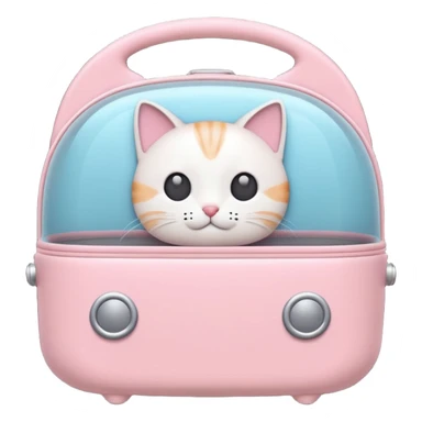 A cute emoji-style cat carrier — rounded, soft edges, cartoon-like design, pastel colors, with a small handle on top and tiny ventilation holes on the side. Simple, minimal details, high contrast, clean outline. sticker