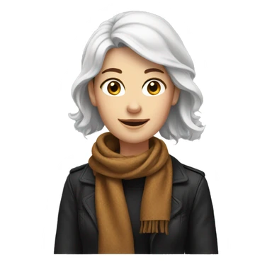A woman white with freckles and brown hair, with a scarf and a black jacket, round face and with a smile sticker