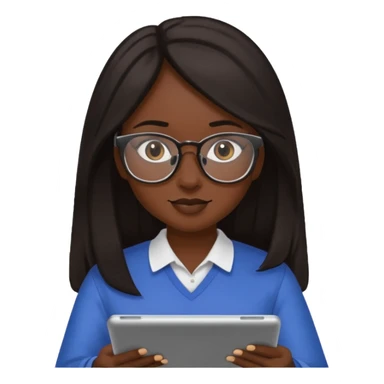 Yo, una chica de piel morena de pelo largo oscuro con lentes para ver, con la tablet trabajando  sticker