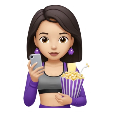 Brunette light skin Girl with black sports bra and grey sweats on her phone and eating popcorn from a purple popcorn bag sticker
