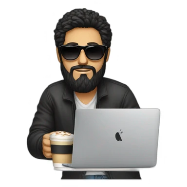 Designer with black hair, beard and round sunglasses working with MacBook and drinking cappuccino  sticker