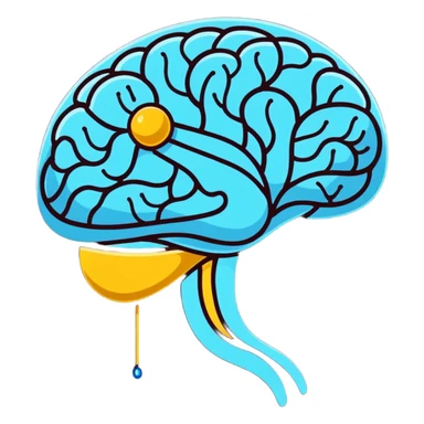 Cute sticker of a pearly blue capsule floating before a stylized brain with golden sparks forming a neural network pattern. A small liver icon glows nearby, all within a gentle swirling aura representing mental clarity and body connection sticker