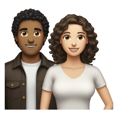 Hispanic male with black curly hair and straight brown eyes smiling next to white female with brown hair and hazel eyes sticker