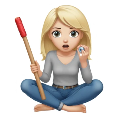 blond woman sitting on her knees with wide eyes, a human in jeans stands next to her, she's holding a wide skin-colored stick with a D-shaped knob, the stick and the nob have skin texture, water squirting from the knob into her mouth, shocked face sticker